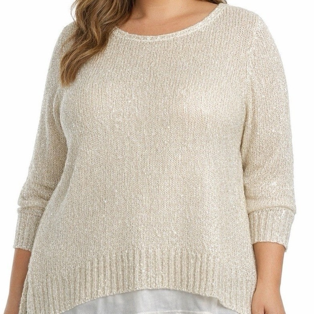 Chelsea & Theodore Layered Sequin Knit Sweater Sz 1X White Curved Elevated Basic